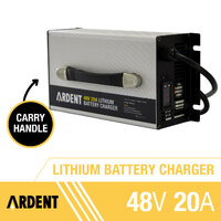 The 48V 20A model charger operates from mains AC 200-260V as input, supplying up to 20A charging output suitable for nominal 48V LiFePO4 battery banks. 