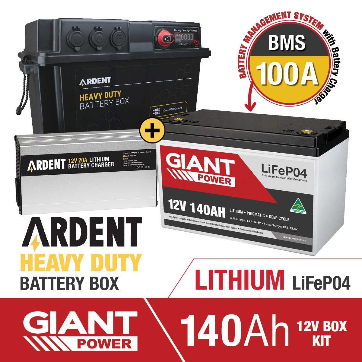 Giant 140AH 12V Lithium Deep Cycle Battery and Ardent Battery Box