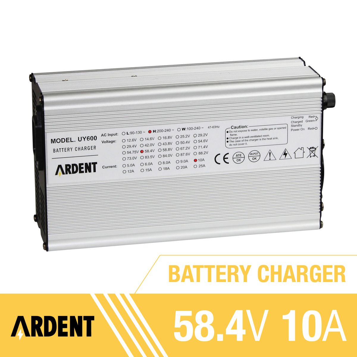 Ardent 58.4V 12V 10AMP Lithium Battery Charger with Anderson Plug & Alligator Clip