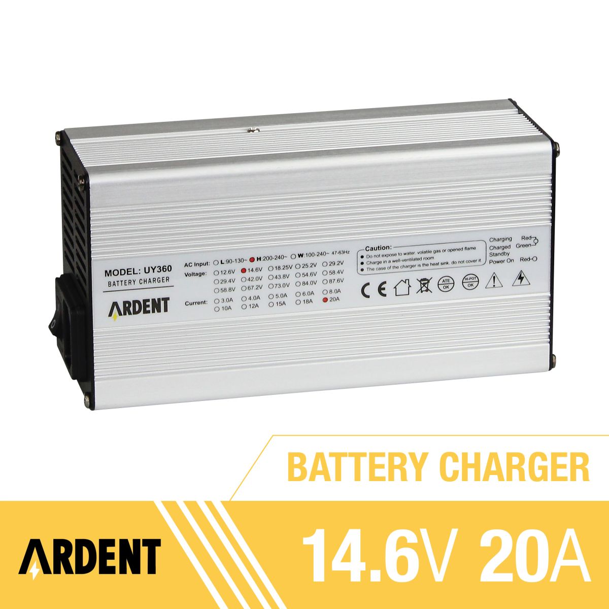 Ardent 14.6V 12V 20AMP Lithium Battery Charger with Anderson Plug & Alligator Clip