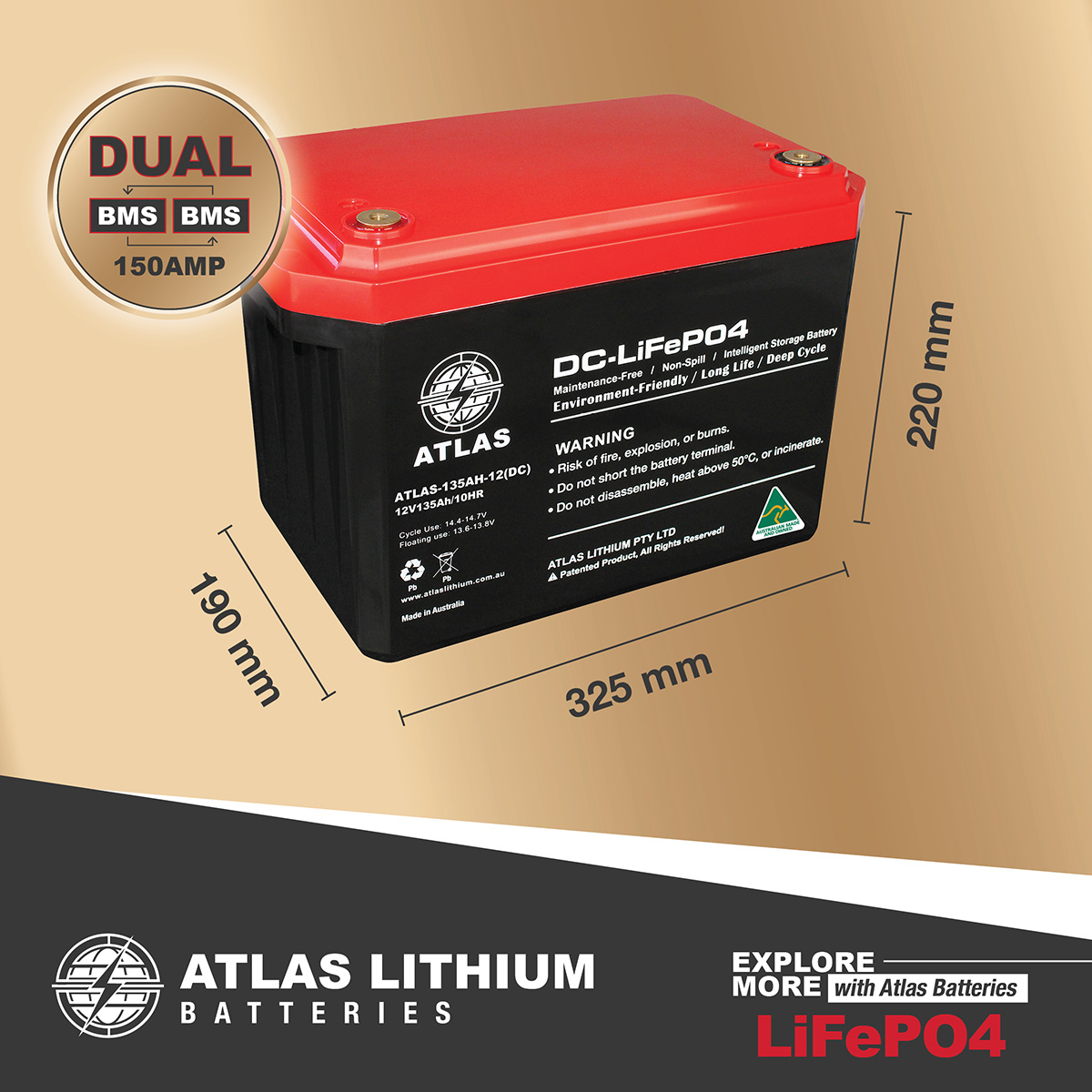 135AH Lithium Deep Cycle Prismatic Battery Dual BMS