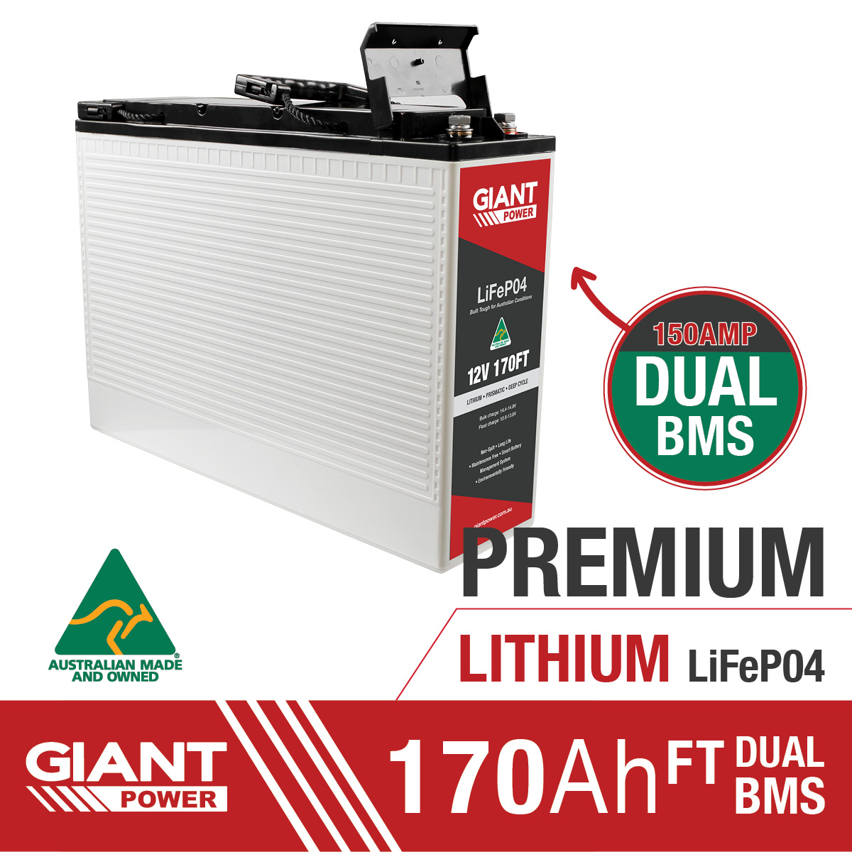 GIANT 170AH Slimline Australian Made Lithium Deep Cycle Battery 170AH Lithium Battery Australia