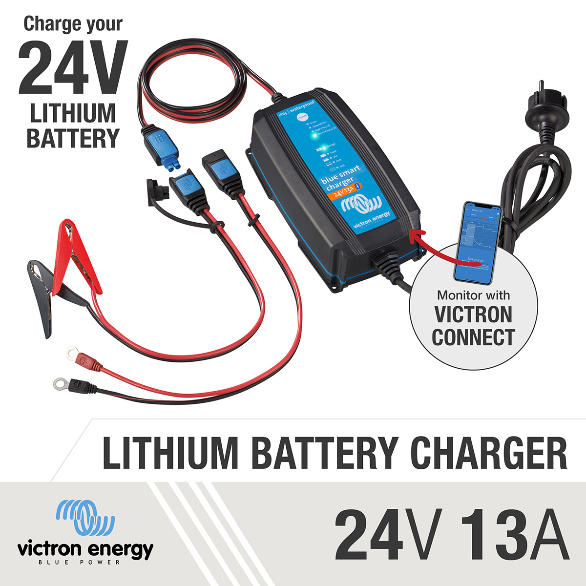 Victron Energy Blue Smart IP65 SLA/LiFePO4 Charger 12V 25A + Alligator  Clips & M8 Eyelets BPC1225310