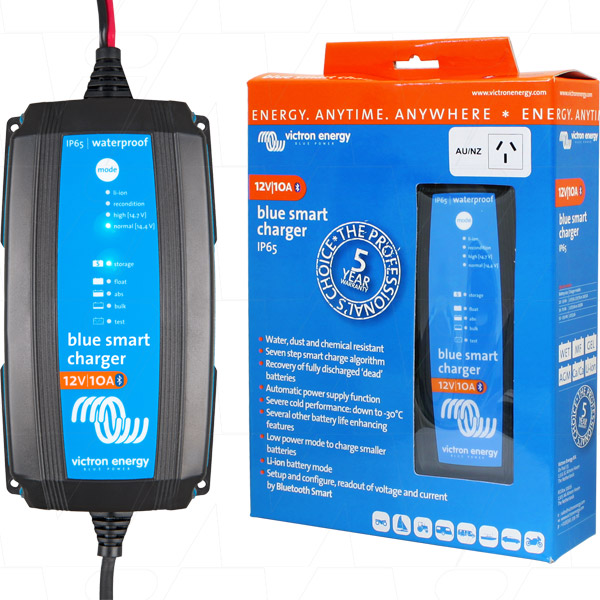 Victron Energy Blue Smart IP65 SLA/LiFePO4 Charger 12V 10A + Alligator Clips & M8 Eyelets BPC121031014R