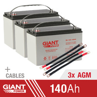 Giant Power 3x 140AH 12V AGM Deep Cycle Battery & Cables