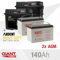 2 X Giant Power 140AH 12V Deep Cycle AGM & Ardent Heavy Duty Battery Box Combo Kit