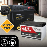 Giant 140AH Lithium Deep Cycle Battery and 1200W Inverter 12V/240V Battery Box