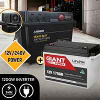 Giant 170AH Lithium Deep Cycle Battery and 1200W Inverter 12V/240V Battery Box