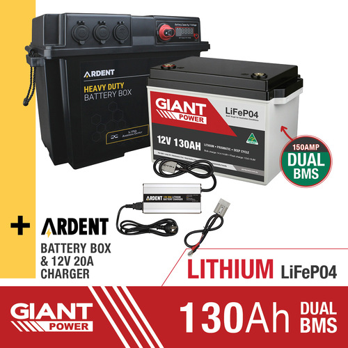 Giant 130AH 12V Lithium Complete Kit with Ardent Battery Box & Charger 